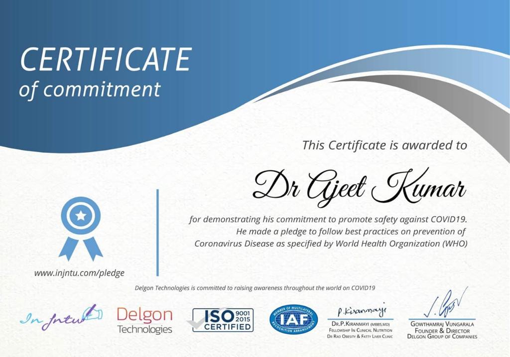 Certificate for Appreciation of Dr. Ajeet Kumar(Dentist)