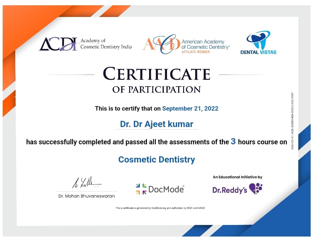 Certificate of Participation on Cosmetic Dentistry