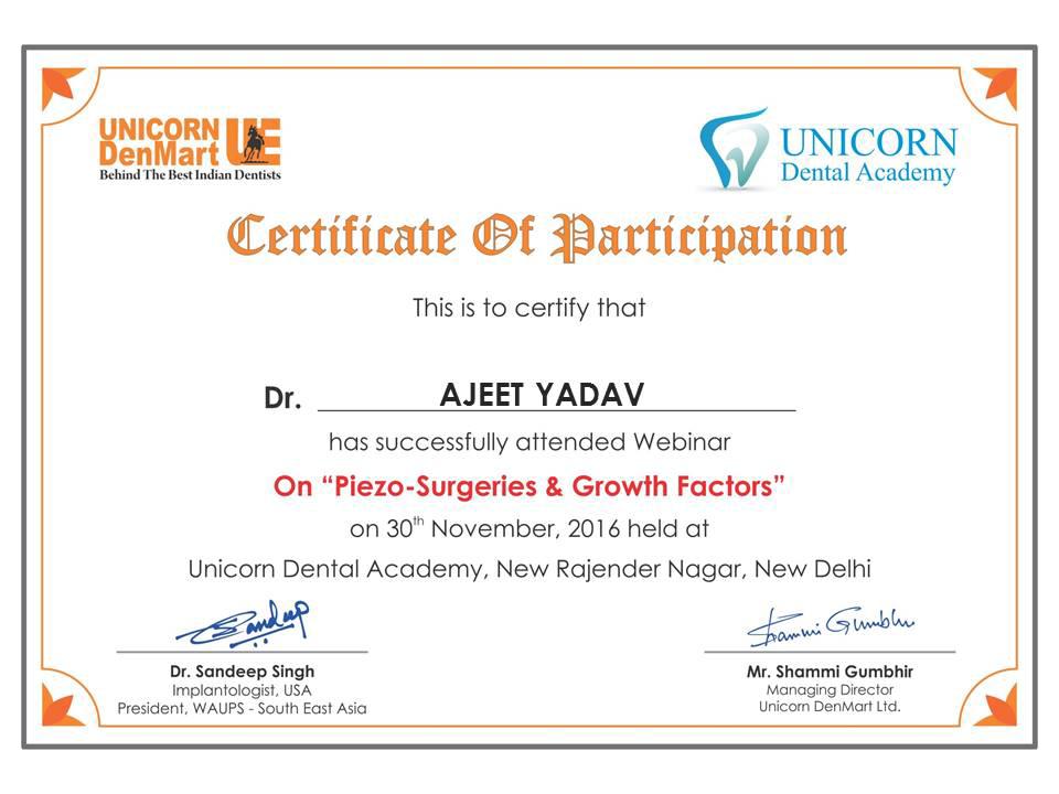 Certificate for Participation of Piezo- Surgeries and Growth Factor