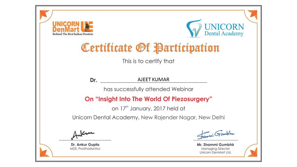 Certificate for Participation on insight into the world of Piezosurgery
