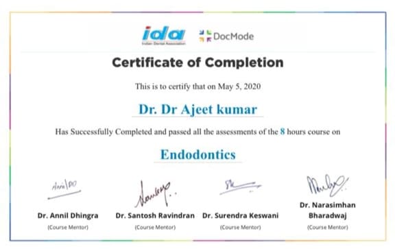 Certificate of Completion for Endodontics